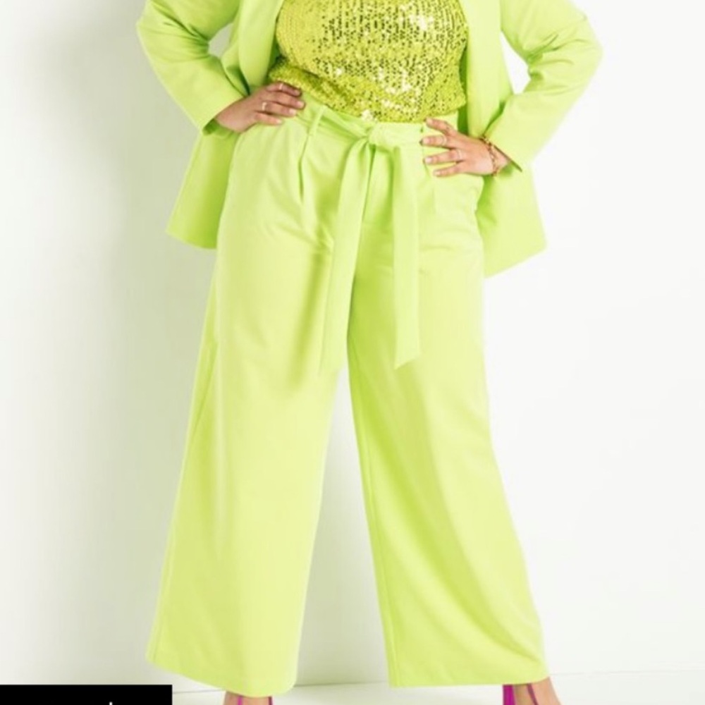 Eloquii lime green wide pants tie waist 16 - Picture 10 of 13